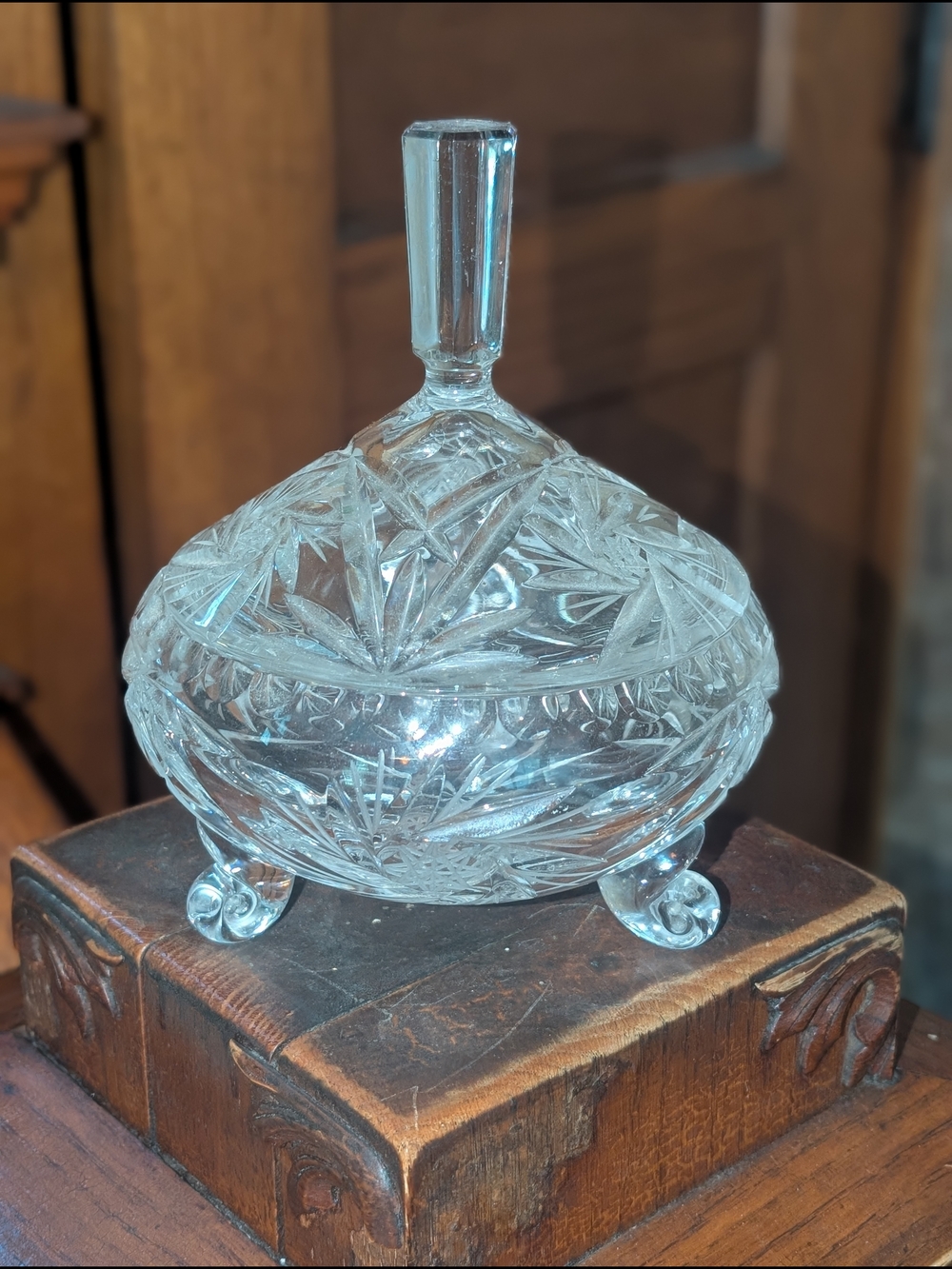 Vintage Crystal Candy Dish with Long Handle Lid -Footed Base depression  unique